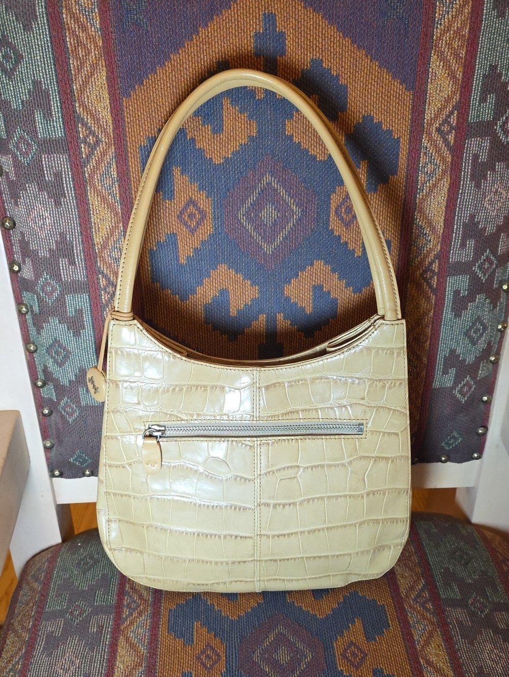 MONSAC Vintage Cream Beige Croc Embossed Leather Y2K Shoulder Bag EUC